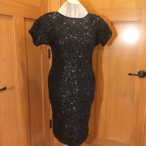 VTG Nancy Johnson Black Beaded Knit Wool Dress L.
